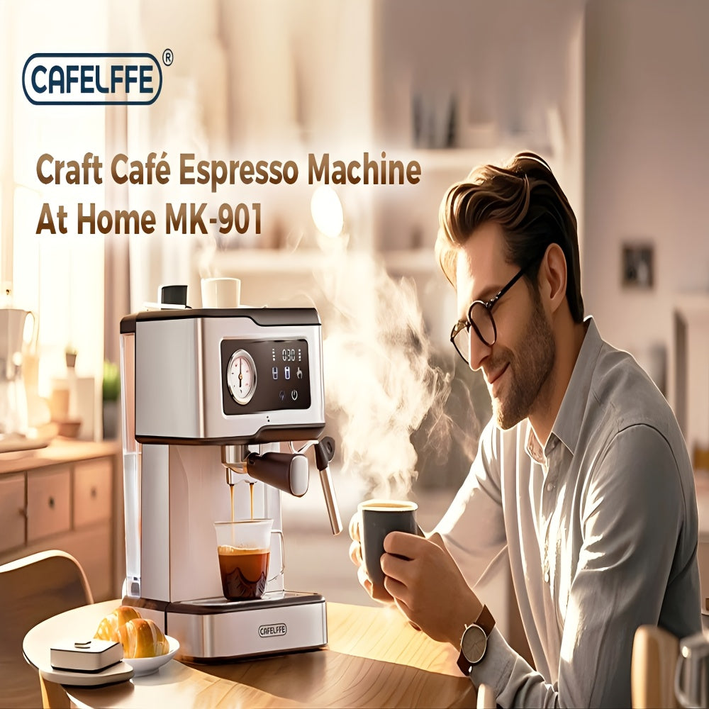 Máquina de café expresso CAFELFFE com vaporizador e espumador de leite, bomba de pressão de 20 bar, ecrã LCD sensível ao toque para o barista em casa ou para preparar latte e cappuccino.