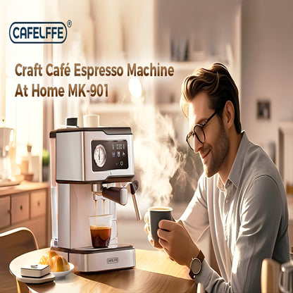 Máquina de café expresso CAFELFFE com vaporizador e espumador de leite, bomba de pressão de 20 bar, ecrã LCD sensível ao toque para o barista em casa ou para preparar latte e cappuccino.