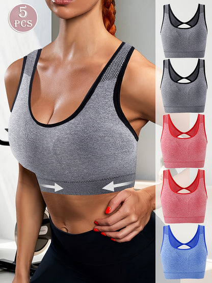 5pcs Women's High-Support Sports Bras - Removable Padding & Back Panel, Full-Coverage Tummy Control, Breathable Yoga Gym Bras with Multi-Color Options (Black/Dark Grey/Navy/Beige/Pink) - Moderate Lift for Heavy Breasts, Hand