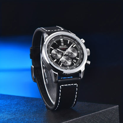 Relógio BENYAR para homem, marca de alta qualidade, desportivo, multifunções, cronógrafo, quartzo, preto, elegante, com calendário e bracelete em pele.