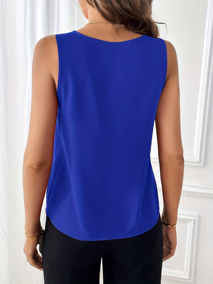 Solid Color V Neck Blouse, Casual Sleeveless Button Detail Tuck Top For Spring & Summer, Women's Clothing