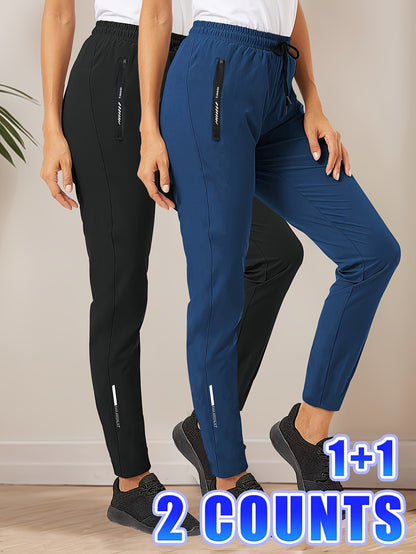 2pcs Women'S High-Waisted Stretchy Leggings with Drawstring Waist & Zipper Pockets - Lightweight Breathable Fabric for Jogging, Cycling, - All-Season Casual, Jogging Pants, Leggings, Sleek Design, Comfortable Fit