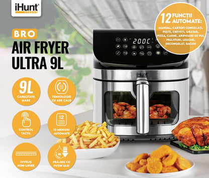 Air Fryer, Oil-Free, iHunt Bro Air Fryer Ultra, 9-Liter Capacity, Transparent Glass Drawer, Digital Display, 12 Cooking Functions, Adjustable Temperature, Defrost & Timer, Shake Reminder, 1800W, Black