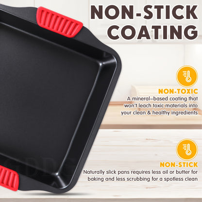 2pcs Set Non-Stick Baking Pan Set - Carbon Steel Baking Pan Set with Heat Resistant Red Silicone Handle, Oven Safe up to 450F (232.2C) Square Frying Pan, Cookie Sheet, Baking Pan, Black