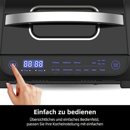 Fritadeira Elétrica 8 em 1 com Grelha e Ar Quente, Capacidade de 6L, Controlo por Toque, Temporizador de 120 Minutos, 1700W, Preta