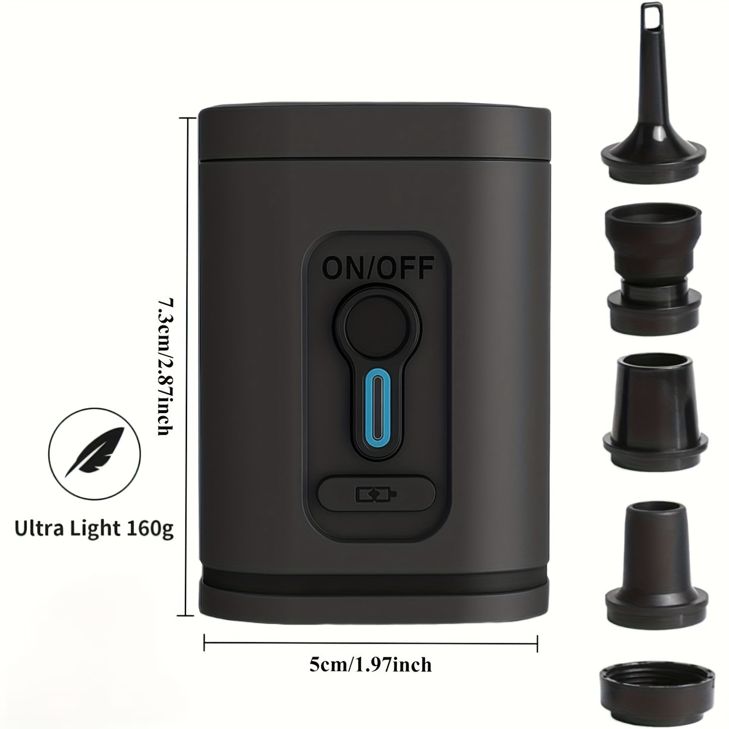 Outdoor Camping Electric Inflatable Pump, Portable Air Pump for Vacuum Compression Bags, Inflatable Sofa, Air Mattress, Boat, Swimming Ring Mini Quick Charge Black Version, USB Rechargeable Battery with 5 Nozzles., 30W