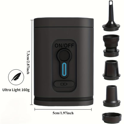 Outdoor Camping Electric Inflatable Pump, Portable Air Pump for Vacuum Compression Bags, Inflatable Sofa, Air Mattress, Boat, Swimming Ring Mini Quick Charge Black Version, USB Rechargeable Battery with 5 Nozzles., 30W