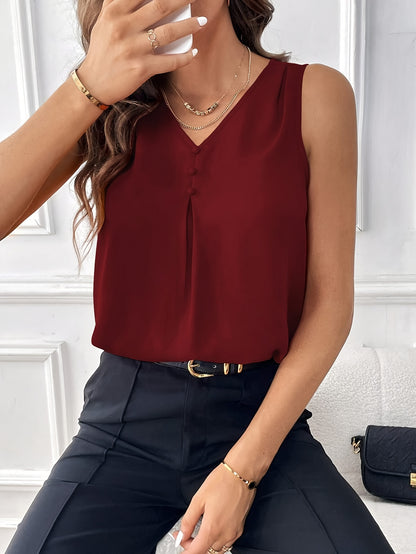 Solid Color V Neck Blouse, Casual Sleeveless Button Detail Tuck Top For Spring & Summer, Women's Clothing