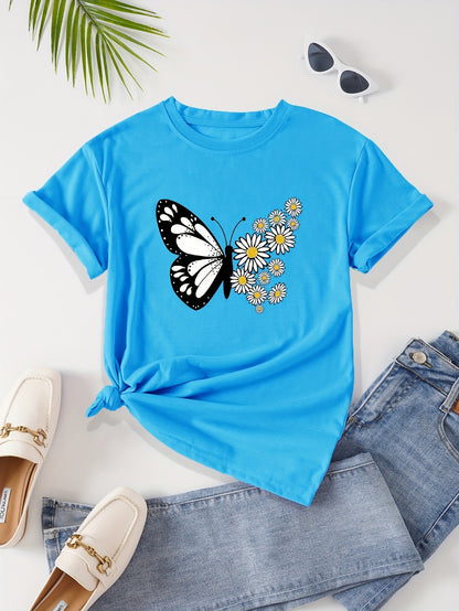 Women's Casual Butterfly & Daisy Floral Print Round Neck T-Shirt - Olive Green, Machine Washable, Regular Fit for Casual Attire, Allseason Fashion, Relaxed Style, Nontransparent Fabric