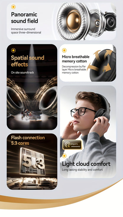 Upgraded Wireless Over-Ear Headphones with Bass-Enhanced Sound, Lightweight Foldable Design Featuring Built-In Microphone. Includes 3.5mm Audio Cable