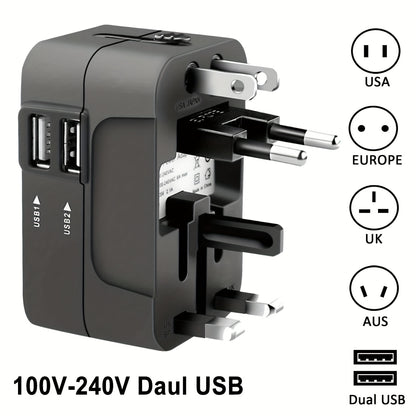 1pc Universal Travel Socket, Dual USB Ports, 110V-240V Input, EU/US/AU Plug, Surge Protection, All-in-One Wall Charger for Over 150 Countries, Essential for Business Trips and Travel