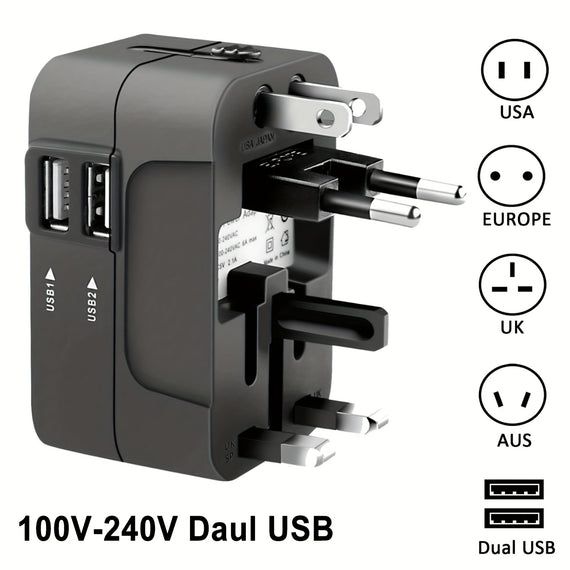 Adaptador Universal de Viagem com Carregamento Duplo - 110V-240V Input, EU/US/AU