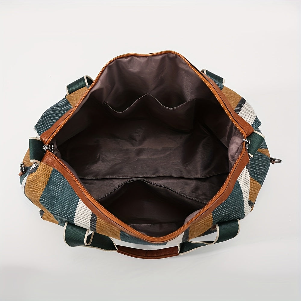 HUOHUO Women's Large Capacity Retro Striped Travel Handbag & Carry-On Luggage - Lightweight Nylon Suitcase with Adjustable Strap, Golden-Tone Hardware, Zipper Closure & Lining - Casual & Formal Use for Airplane, Train, Car Tr