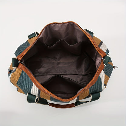 HUOHUO Women's Large Capacity Retro Striped Travel Handbag & Carry-On Luggage - Lightweight Nylon Suitcase with Adjustable Strap, Golden-Tone Hardware, Zipper Closure & Lining - Casual & Formal Use for Airplane, Train, Car Tr