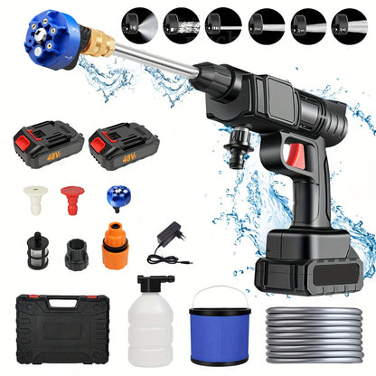 Lavadora de Alta Pressão Sem Fios 7MAGIC 6 em 1 com 2 Baterias e Caixa de Ferramentas - Recarregável, 100-240V, Plástico Durável, Multifunções para Manutenção de Relvados e Jardins, Pistola de Lavadora de Alta Pressão Sem Fios, Fácil de Usar