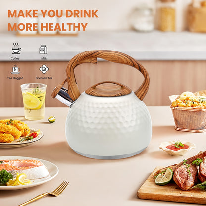 1pc, 3L Stainless Steel Whistling Tea Kettle – Easy To Clean, Compatible With All Stovetops, Whistling Kettle, Stainless Steel Tea Pot With Wooden Pattern Handle, – Lightweight & Durable Stainless Steel Teapot For Outdoor
