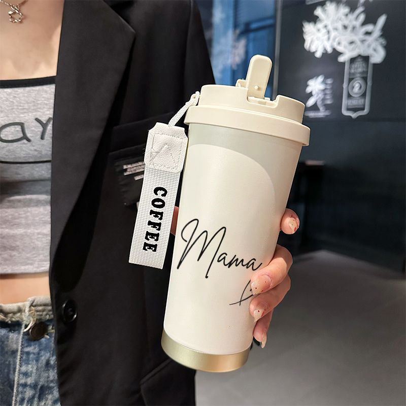 1pc 530ml Insulated Coffee Cup with Straw & Straw Holder - Skull & Heart Design, Leakproof Travel Mug, Detachable Strap, Hot/Cold Thermos for Home, Office, Gifts - Name/Text, Durable Portable Cup for Hot & Cold Drinks