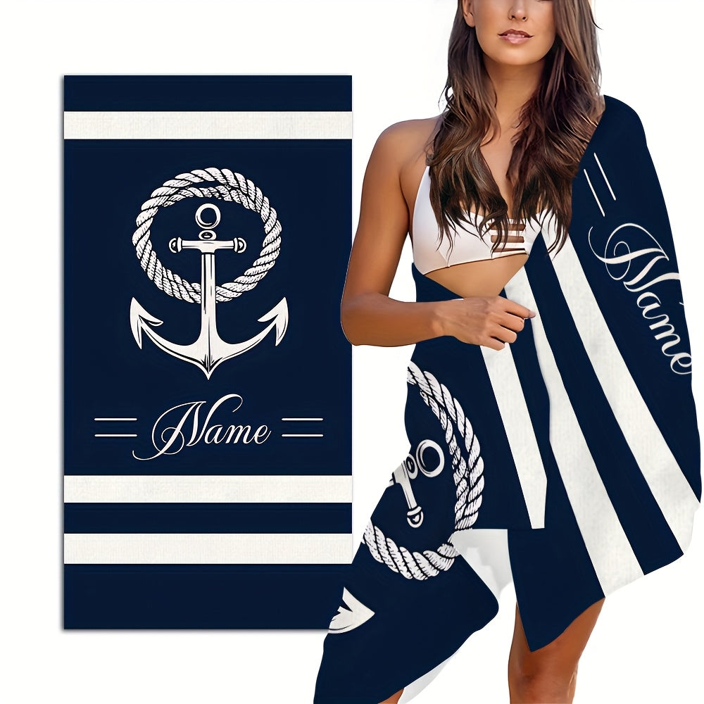 1pc Customizable Nautical Anchor Stripe Microfiber Beach Towel, Quick-Dry Soft Absorbent Knit Fabric, Machine Washable, Coastal Theme for Surfing Swimming Camping, 250gsm Polyester, Beach Essentials|Nautical Design|Quickdry M