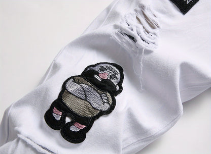 Men Fashion White Ripped Distressed Destroyed Washed Denim Jeans Ripped Slim Fit Wild Jeans White Denim Pants