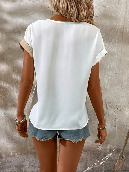 Color Block V-neck Blouse, Casual Short Sleeve Fake Buttons Blouse Top For Spring & Summer, Women's Clothing