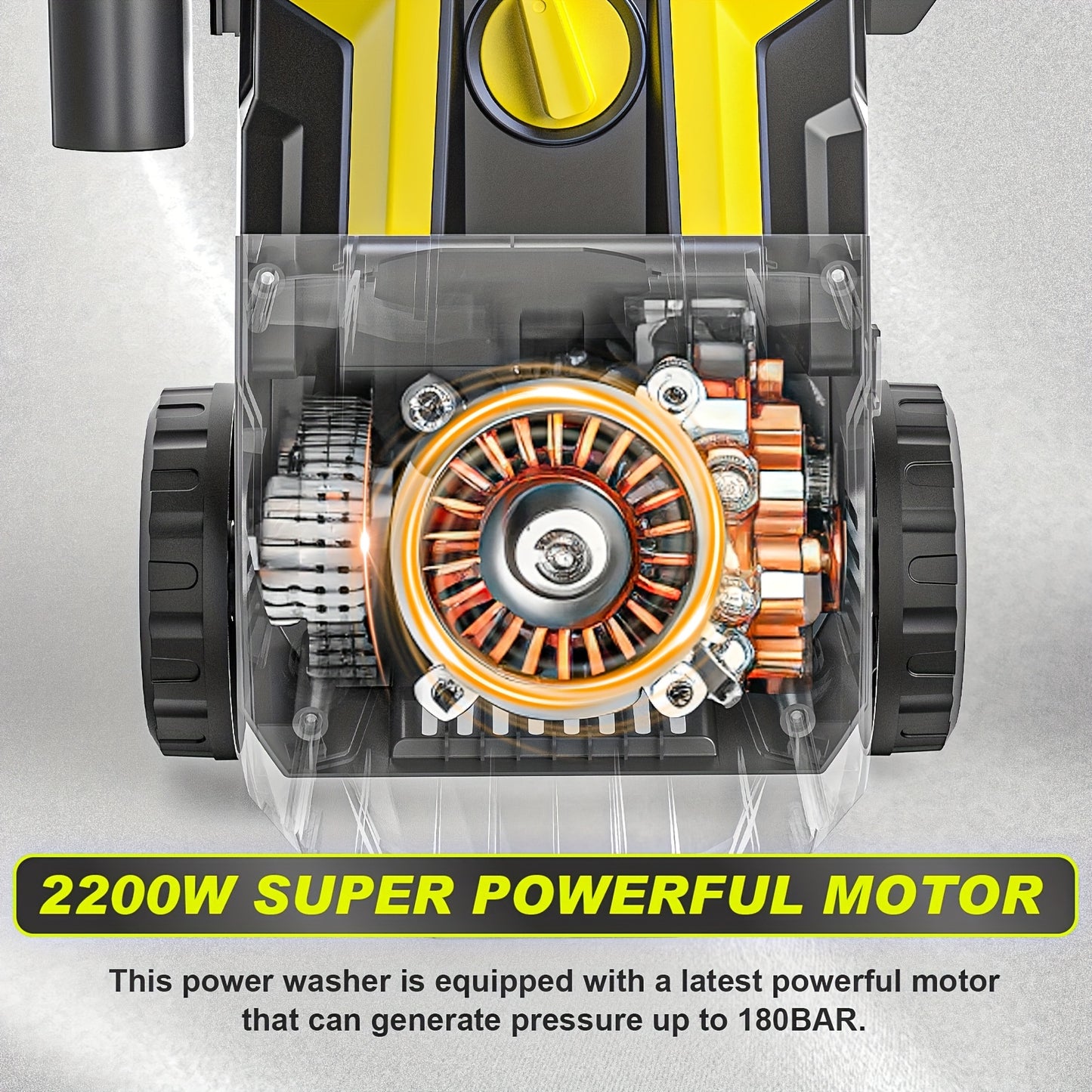 Gisam High-Pressure Washer 2200W 180Bar 480L/H with 8m Hose, Soap Bottle, Foam Nozzle & Lance Gun IPX5 Suitable for Cars/Fences/Gardens/Patios Yellow