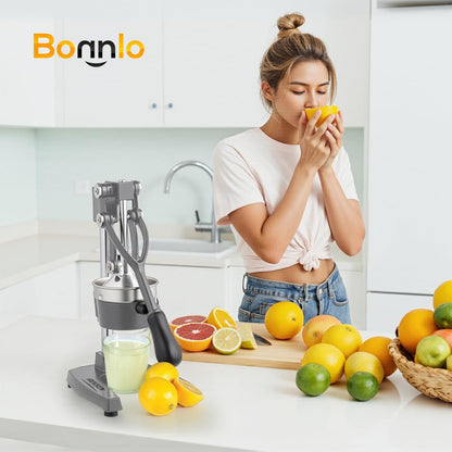 Bonnlo Heavy-Duty Manual Juicer with Removable Top Filter - Heavy-Duty 316 Stainless Steel Citrus, Apple, Orange, Lemon, Lime, Grapefruit Press - Non-Electric Mincer for Home & Commercial Use - Easy-Clean Design, Compact Juic