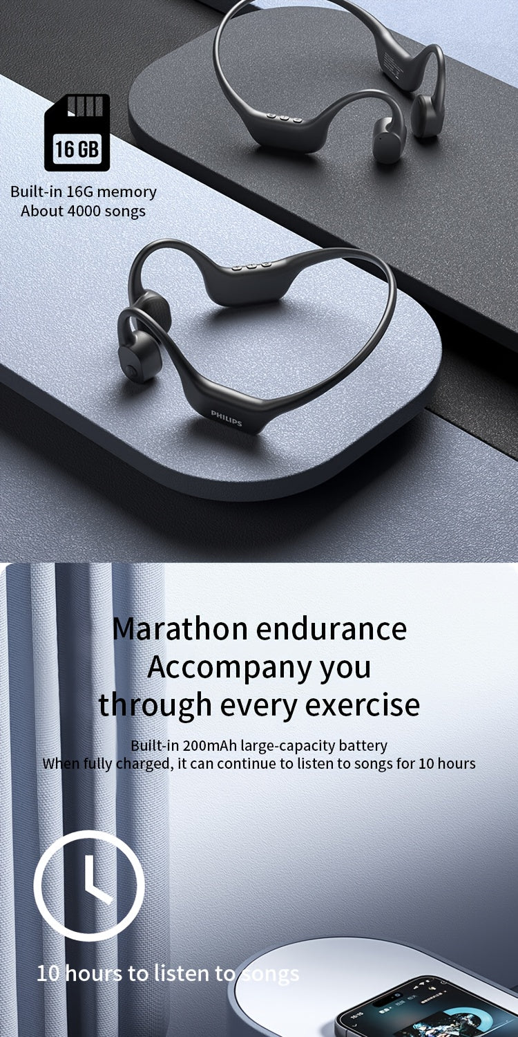 Philips bone conduction TAA6609 wireless headphones, all-round sports running wireless hanging ear open earset, ultra-long battery life, built-in 16G memory and wireless dual-mode convenient download song playback, swimming,