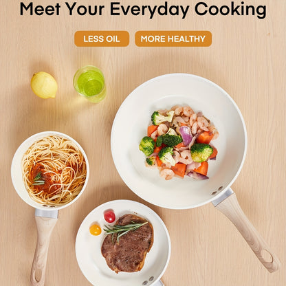 15pcs Ceramic Pots and Pans Set, Non-stick Cookware Sets, Kitchen Induction Cooking Set with Pizza Pan, Food Steamer, Saucepans, Frying Pans (White)