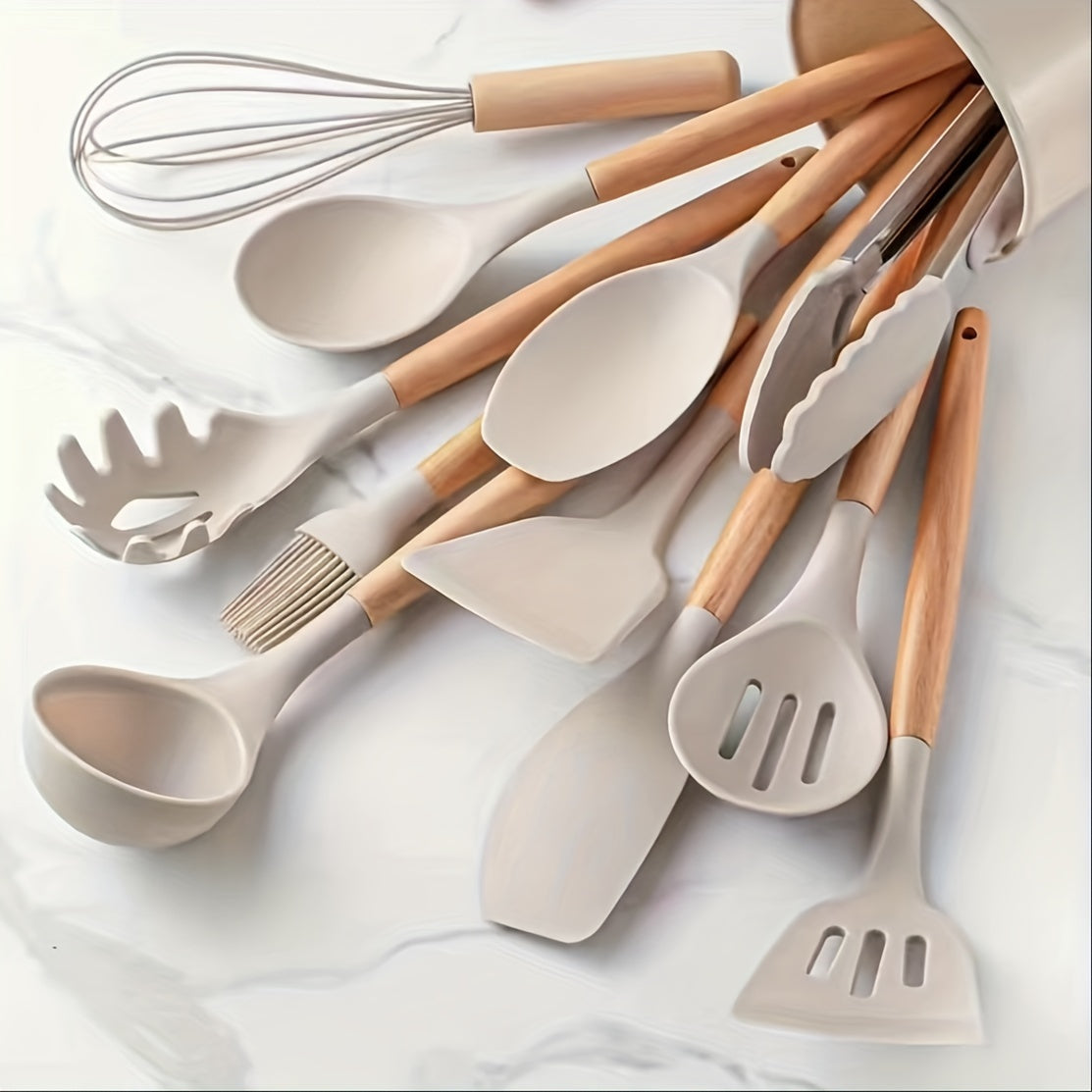 12pcs, Silicone Utensil Set, Khaki Kitchen Utensil Set With Wooden Handle, Safety Cooking Utensils Set, Non-Stick Kitchen Tools Set, Washable Modern Cookware, Kitchen Stuff, Kitchen Gadgets Kitchen Accessories