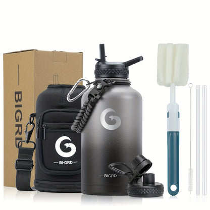 1pc BIGRD 40Oz 64Oz Insulated Water Bottle 304 Stainless Steel Spray Coating Dishwasher Safe, with 2 Lids, Sling Cup Sleeve, Hand-Held Braided Rope, Cup Brush, 2 Straws And Straw Brush, Color Box Packaging