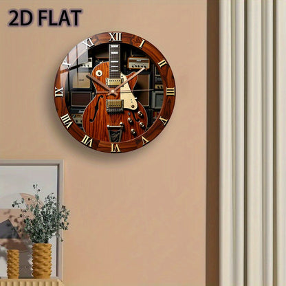 12-Inch Silent Quartz Wall Clock with Electric Guitar Design – Brown Wood Texture, Metal Components, Battery Operated (AA Not Included) – Perfect for Bedroom, Kitchen, Study, or Garage Decor, Clock Wall Decor