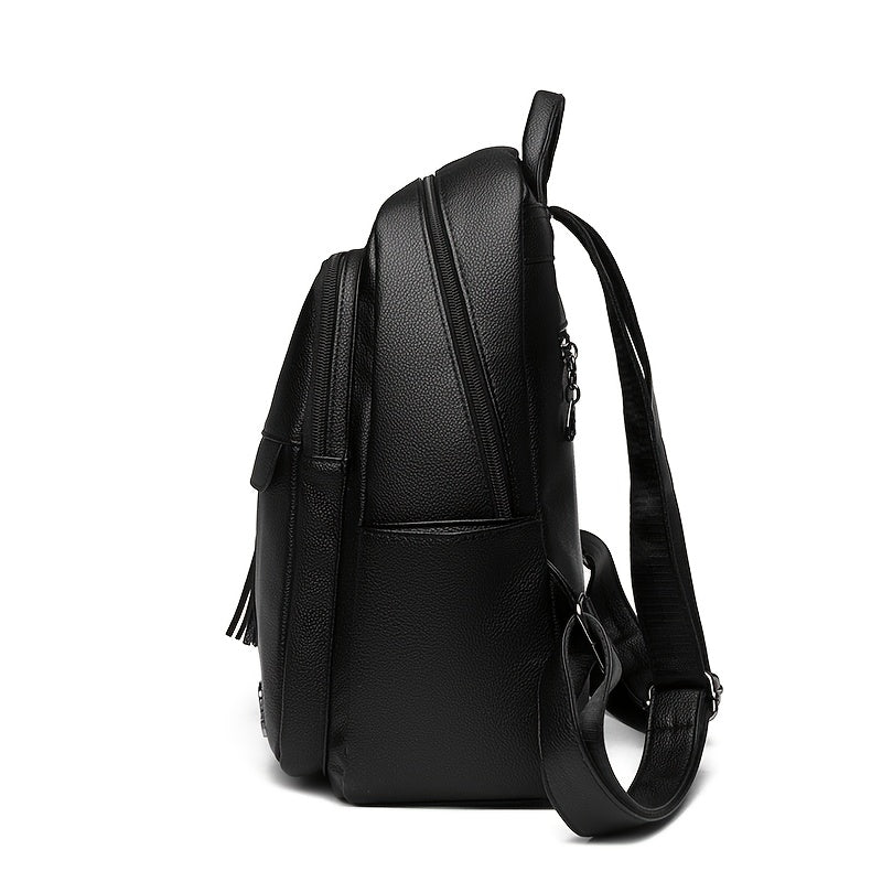 Women's 2025 New Style Synthetic Backpack with Tassel Charm - Glossy Black Soft Shell Travel Backpack, Detachable Adjustable Shoulder Straps & Zipper Closure, Spacious Laptop Compartment & Practical Pockets for Work, School,