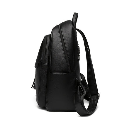Women's 2025 New Style Synthetic Backpack with Tassel Charm - Glossy Black Soft Shell Travel Backpack, Detachable Adjustable Shoulder Straps & Zipper Closure, Spacious Laptop Compartment & Practical Pockets for Work, School,