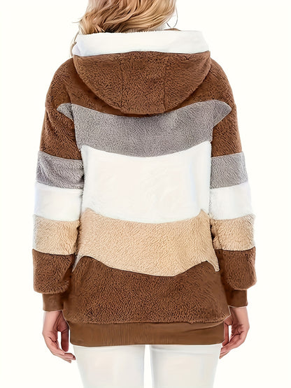 Women's Plush Faux Fur Hooded Jacket - Loose Fit Color Block Coat with Blue/Beige/White/Black Design, Long Sleeve Winter Warmth, Machine Washable for Casual & Formal Outfits, Ladies Winter Coats, Autumn Layering Piece, Formal