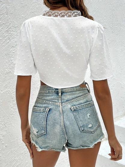 Swiss Dot Lace Trim Crop Blouse, Vacation Style Short Sleeve V-neck Blouse For Spring & Summer, Women's Clothing