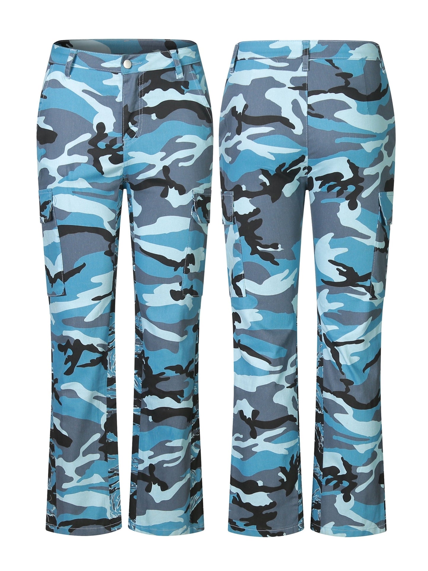 Calças de ganga cargo direitas de cintura subida com estampado camuflado, tecido médio elástico, bolso lateral com pala, cintura subida, calças de ganga femininas e roupa.
