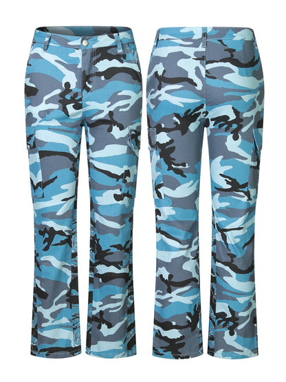 Calças de ganga cargo direitas de cintura subida com estampado camuflado, tecido médio elástico, bolso lateral com pala, cintura subida, calças de ganga femininas e roupa.