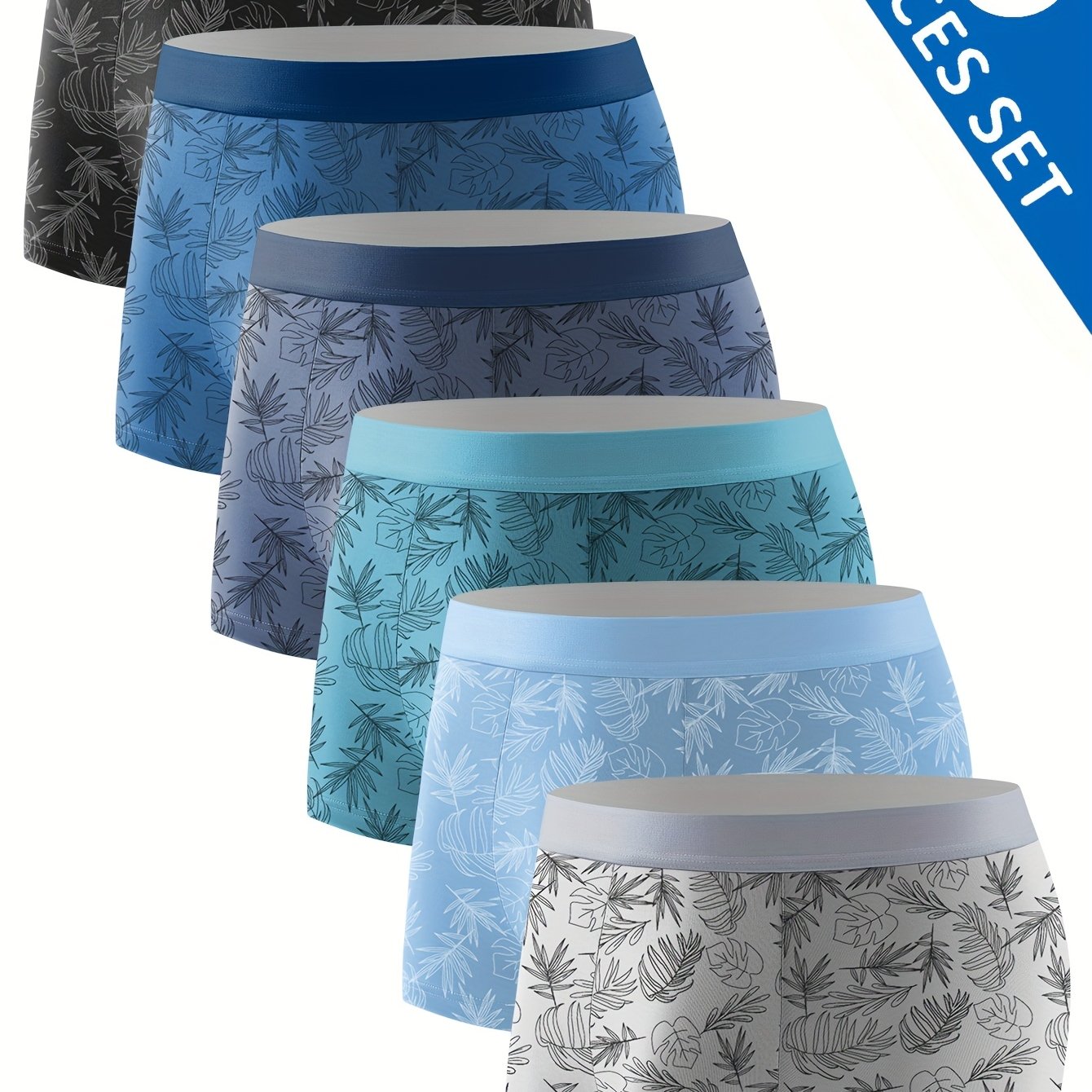 6pcs Men'S Boxer Briefs - Breathable Ice Sliky Fiber Fabric, Soft & Cool Comfort, Floral Pattern in Blue, Black, White, Light Blue, and Teal - Perfect for Casual Attire, Comfortable Underwear, Stylish Boxers, Highelasticity F