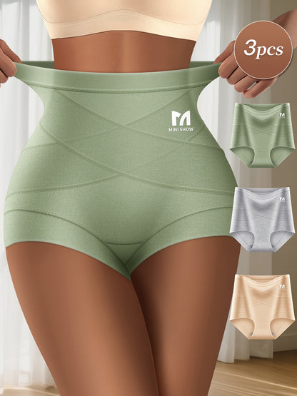 3pcs Women'S High-Waist Tummy Control Briefs - Green, Beige, Light Gray - Breathable & Comfortable with Ribbed Texture for Posture Support & Belly Control, High Waisted Leggings, Posture Support Underwear, Sleek Underwear Des