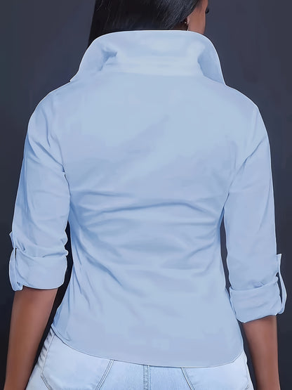 Solid Color Button Front Shirt, Casual Long Sleeve Pocket Shirt For Spring & Fall, Women's Clothing