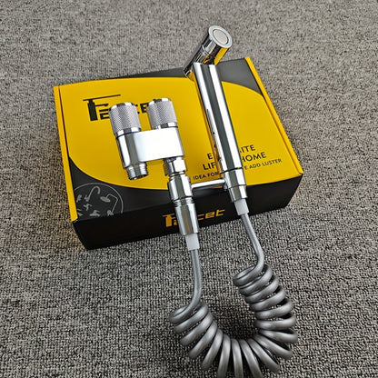 Double control angle valve with one inlet and two outlets, new booster spray gun includes a 2-meter telescopic hose, no-drill bracket. G1/2 interface, easy installation, convenient to use, comes with mounting accessories, no