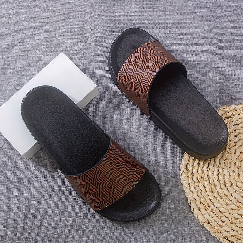 Sandálias de verão tipo slide para homem - Chinelos casuais antiderrapantes com sola macia e estampado geométrico, preto e cinzento, confortáveis ​​para uso interior e exterior.