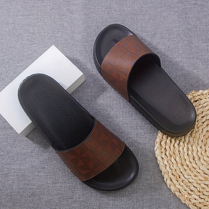 Sandálias de verão tipo slide para homem - Chinelos casuais antiderrapantes com sola macia e estampado geométrico, preto e cinzento, confortáveis ​​para uso interior e exterior.