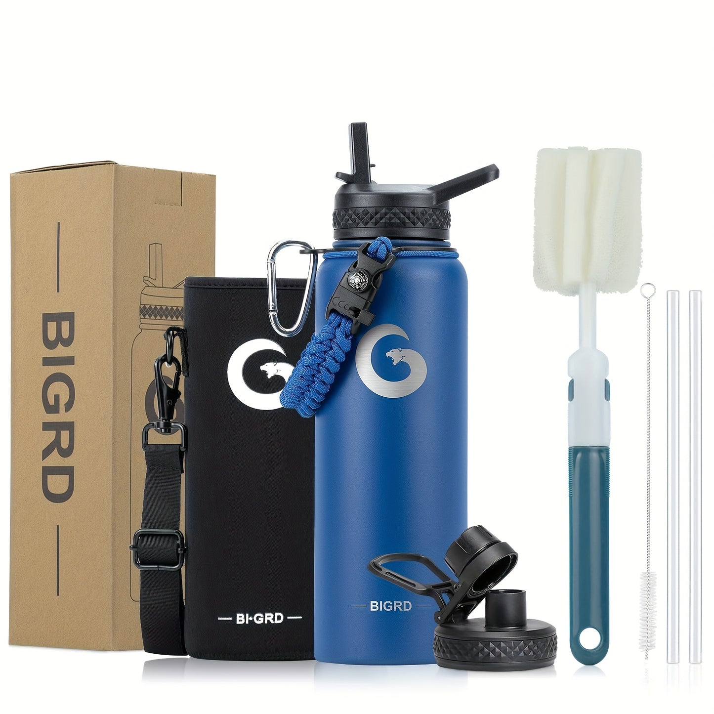 1pc BIGRD 40Oz 64Oz Insulated Water Bottle 304 Stainless Steel Spray Coating Dishwasher Safe, with 2 Lids, Sling Cup Sleeve, Hand-Held Braided Rope, Cup Brush, 2 Straws And Straw Brush, Color Box Packaging