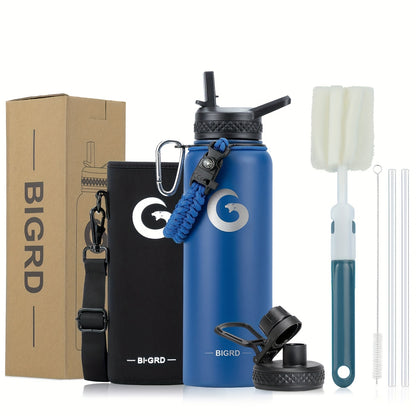 1pc BIGRD 40Oz 64Oz Insulated Water Bottle 304 Stainless Steel Spray Coating Dishwasher Safe, with 2 Lids, Sling Cup Sleeve, Hand-Held Braided Rope, Cup Brush, 2 Straws And Straw Brush, Color Box Packaging