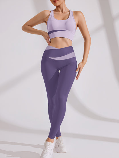 2pcs Women'S Sports Set with Sports Bra and Leggings, Color Block Design Suitable for Cycling, Fitness, Yoga, Running