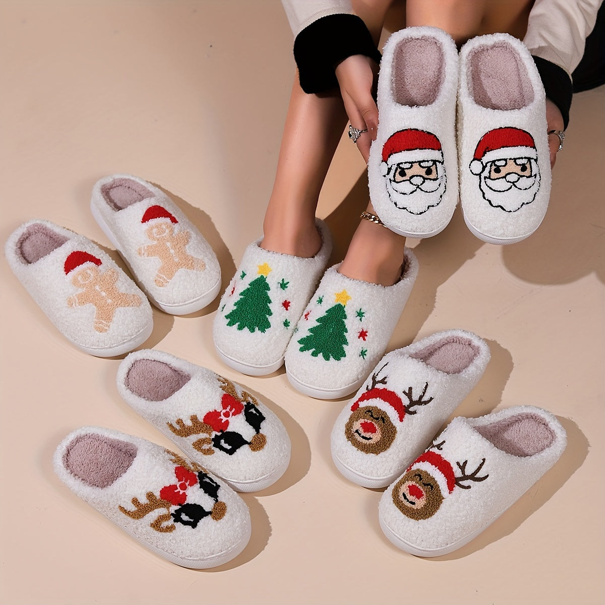 Christmas Tree Pattern Fuzzy Slippers, Winter Warm Closed Toe Flat Floor Shoes, Cozy Soft Sole Plush Home Slippers