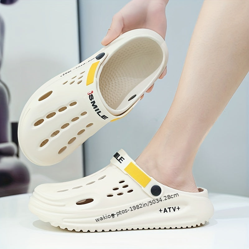 Tamancos modernos para homem com sola grossa em EVA e estampado de alfabeto - Modelo slip-on, respiráveis, ideais para jardinagem, com tira amarela segura e palmilha estampada com a inscrição "SMN WALKING PROS" para maior conforto ao ar livre.