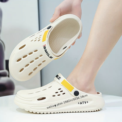 Tamancos modernos para homem com sola grossa em EVA e estampado de alfabeto - Modelo slip-on, respiráveis, ideais para jardinagem, com tira amarela segura e palmilha estampada com a inscrição "SMN WALKING PROS" para maior conforto ao ar livre.