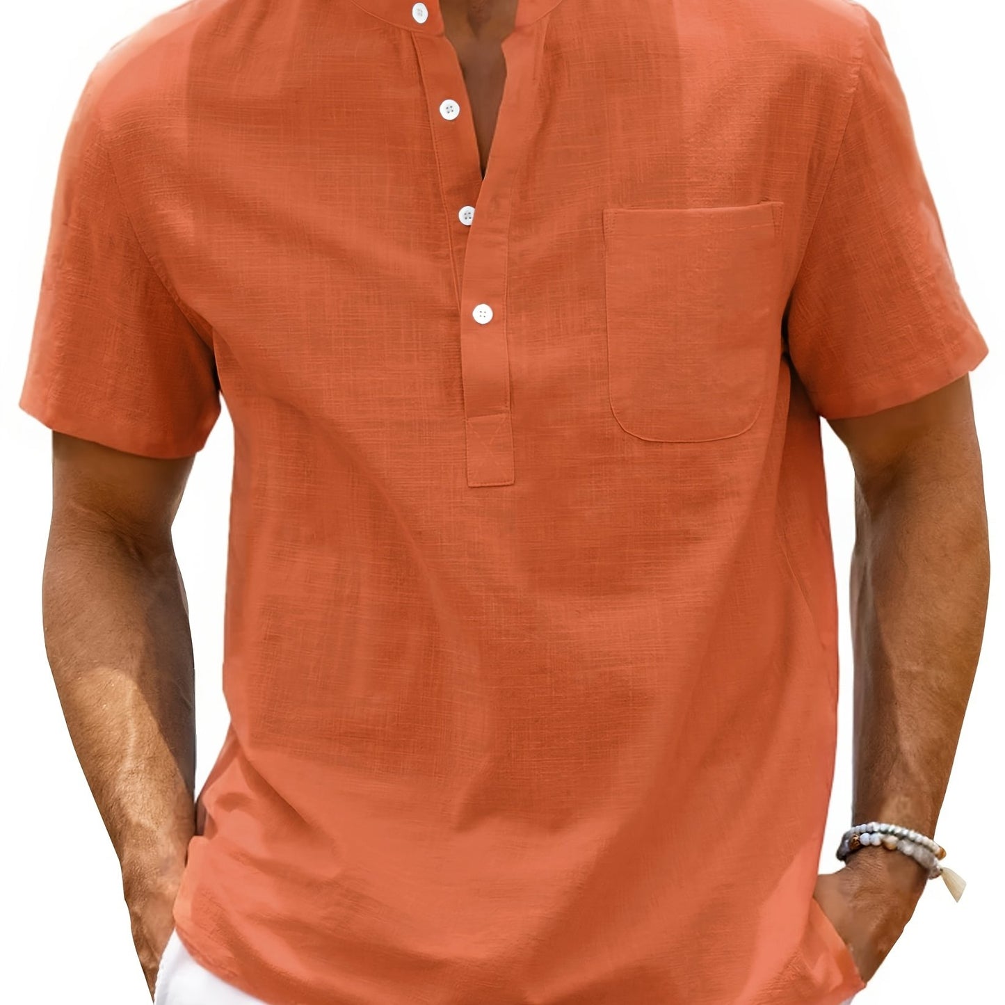 Men's Shirt Top, Solid Band Collar Short Sleeve Closure Summer Male Casual Henley Shirt For Daily Business Formal Shirts For Men